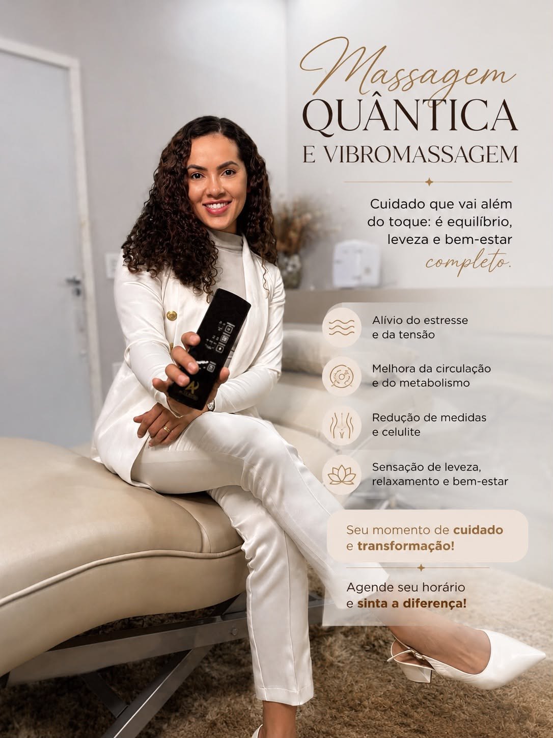 Massagem quântica e vibromassagem: profissional sentada em maca, segurando o controle do equipamento